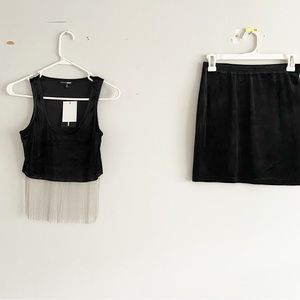 Two Piece Black Velvet Mini Skirt Set with Crop Top